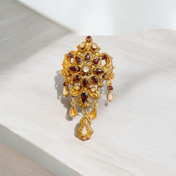 Florenza Jewelry - Florenza Gilded Victorian Revival Brooch with Garnet & Opal Rhinestones 1960s